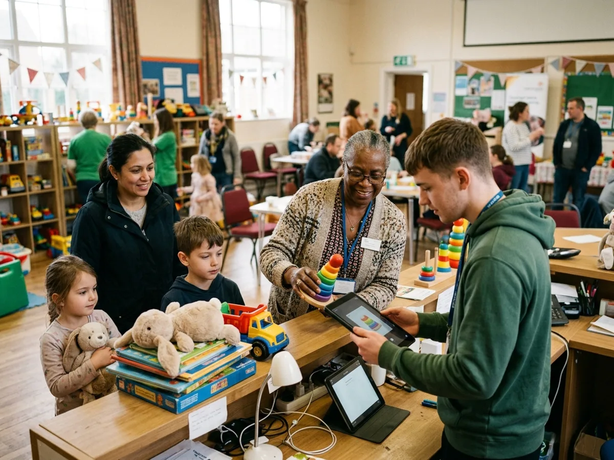 Two volunteers scanning a toy on a tablet as a family waits with their picks