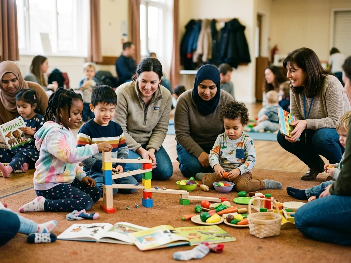 Parents and children of different backgrounds sharing things on a hall floor