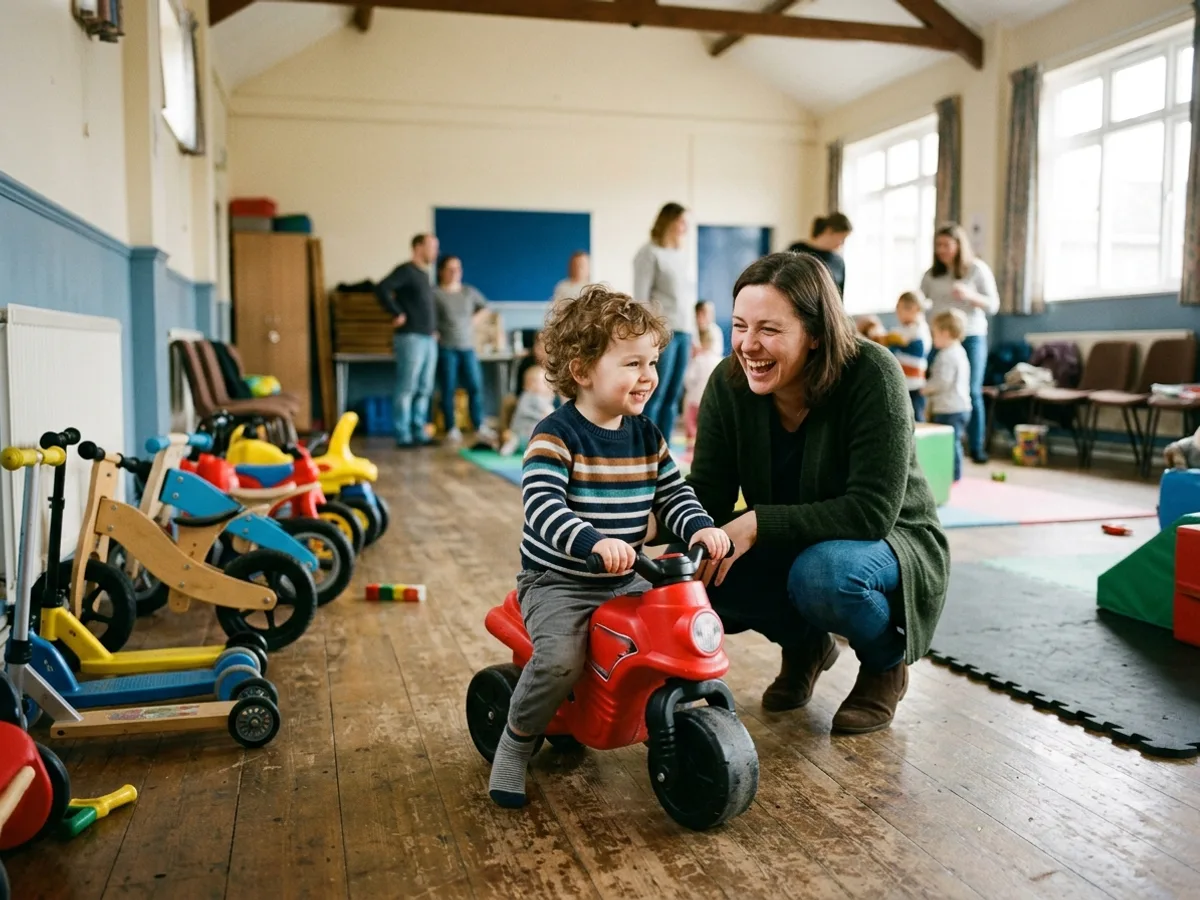 A toddler on a ride-on toy, laughing with a parent in a community hall