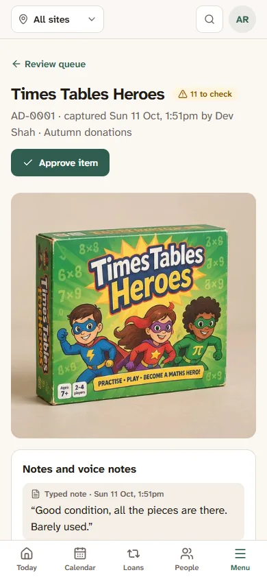 Capture on a phone: a donated board game with its photo, a note and eleven values to check