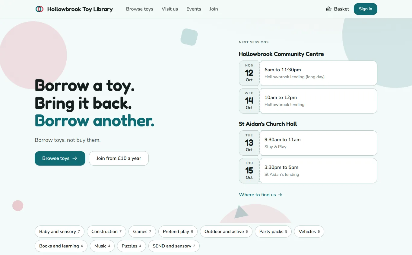 A demo toy library's own website: a big welcome, the next sessions and the toys families borrow most