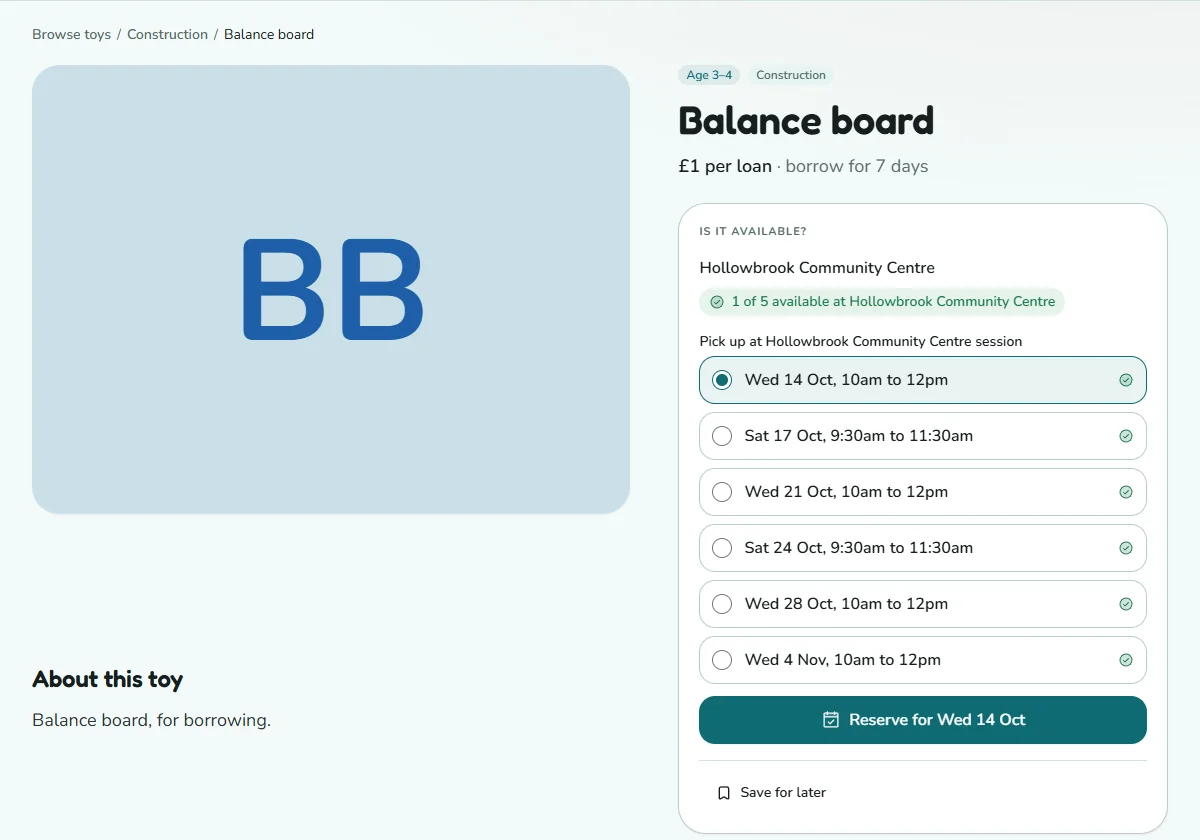 A toy's page on a library's site: availability and the sessions it can be collected at
