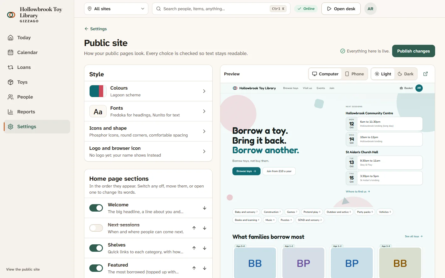 Settings, Public site: style choices on the left and a live preview of the library's home page on the right