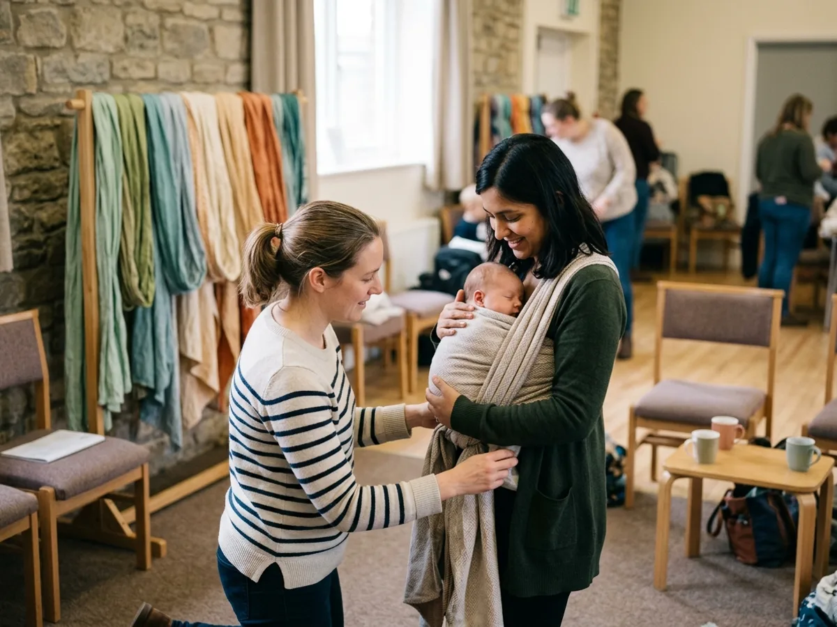 A volunteer helping a new parent fit a baby wrap at a sling library