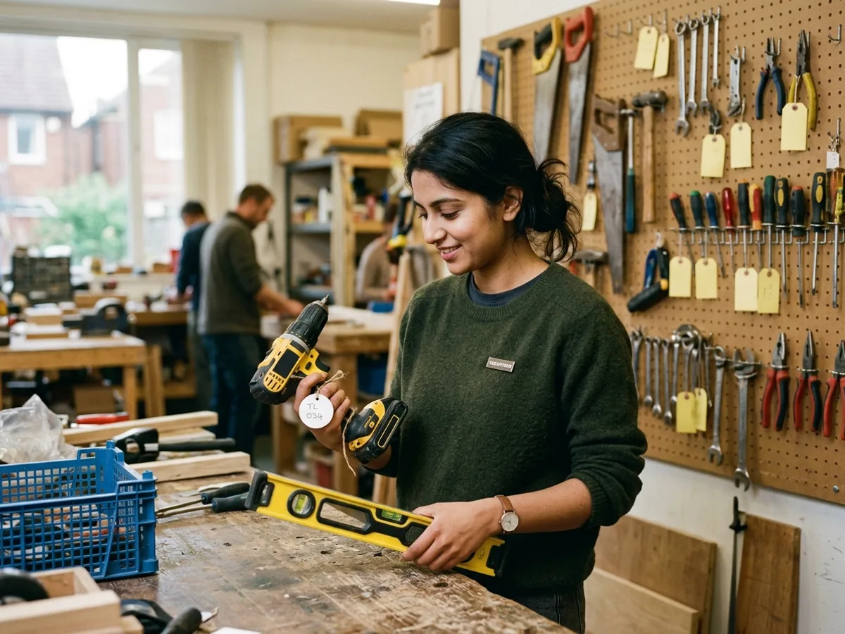 A volunteer checking a cordless drill and spirit level at a tool library bench