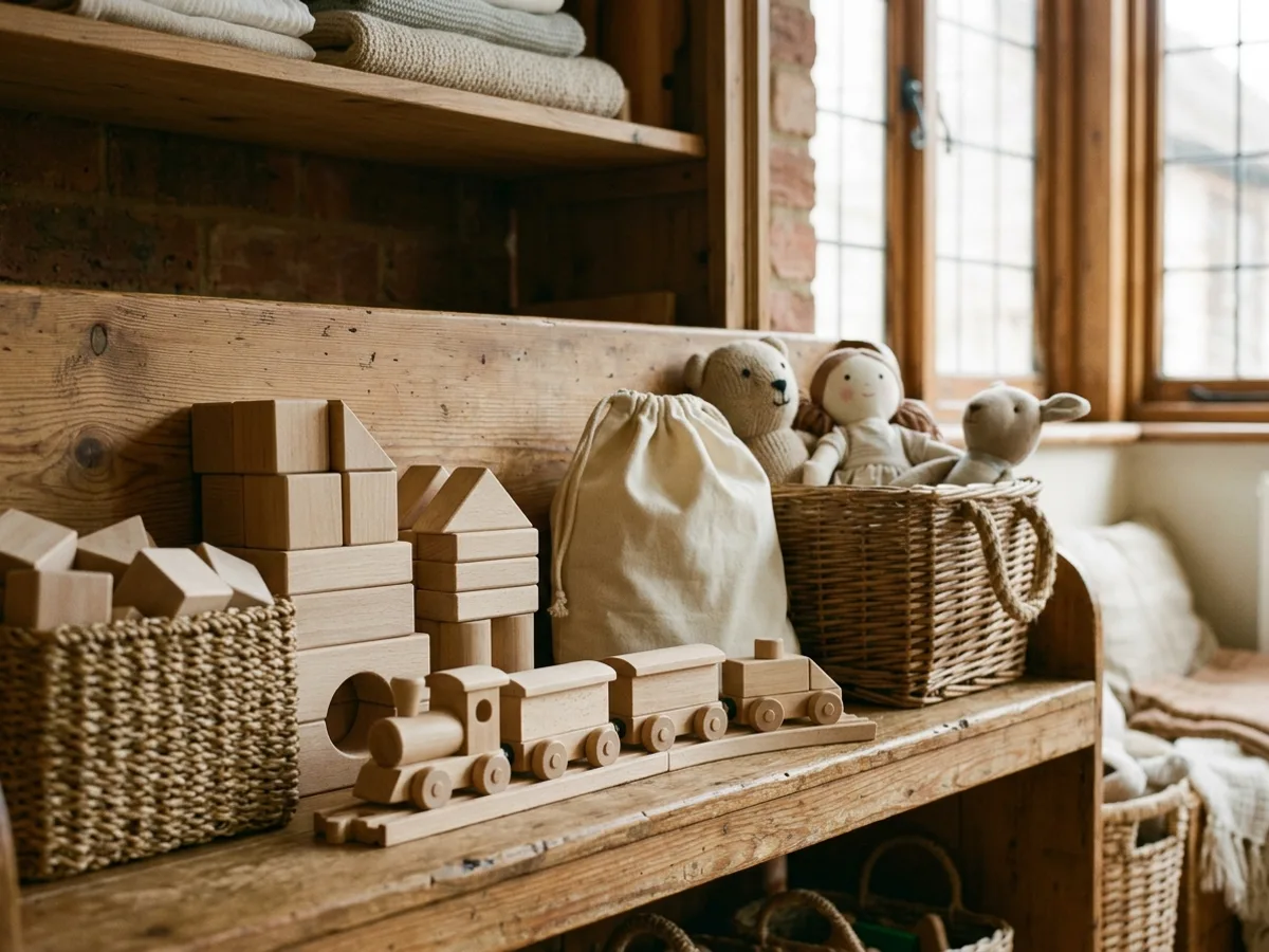 Wooden blocks, a wooden train and soft toys on a storeroom shelf